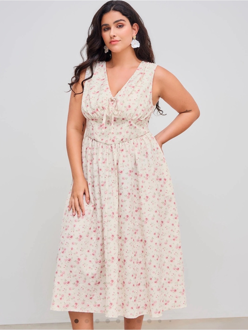 Cider Floral Knotted Corset V Neck Midi Dress Large Cottagecore Ruffle Pocket